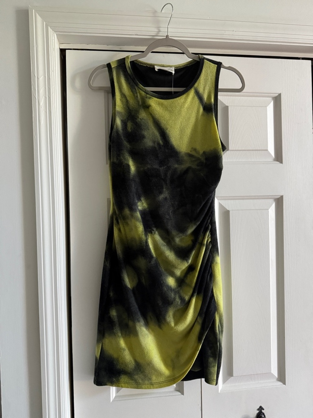 Sleeveless Green/Yellow and Black Tie-Dye Mini Dress